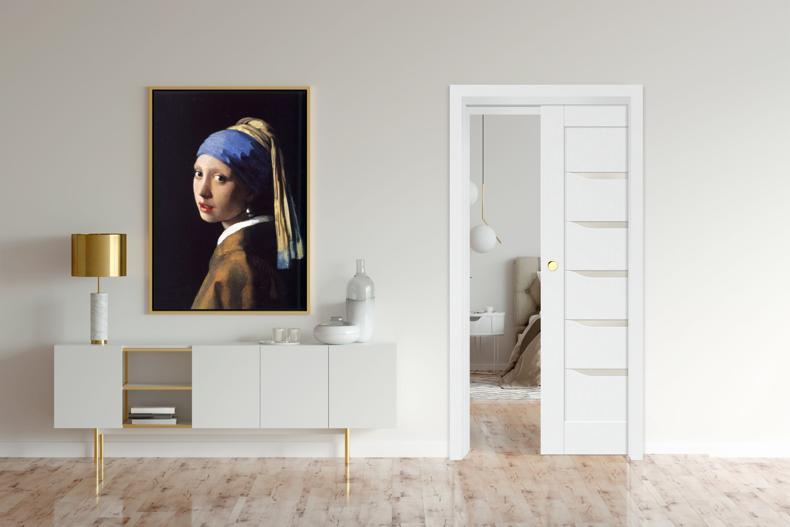 Mock up poster and a cabinet with lamp and decor in beige interi